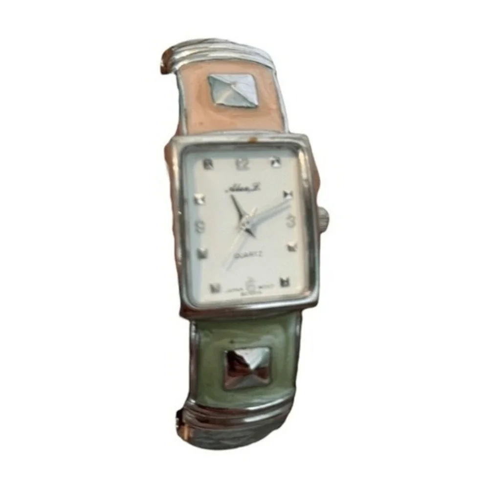 Alex‎ L Quartz Clamper Bracelet Watch Silver Tone Metal Pastel Hinged